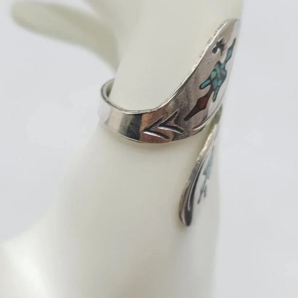 Vintage Navajo Sterling Silver Blue Turquoise Red Coral Inlay Wrap 9.5 Ring - Picture 3 of 6